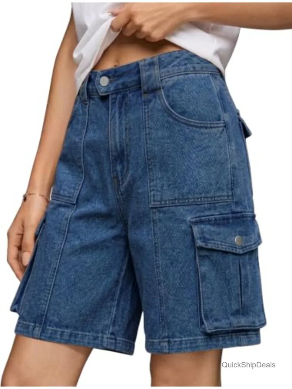 High Waisted Cotton Denim Cargo Bermuda Shorts with 6 Pockets